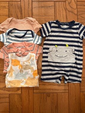 Carter's Stripped Onesies and Monster Romper Bundle - 9 Months